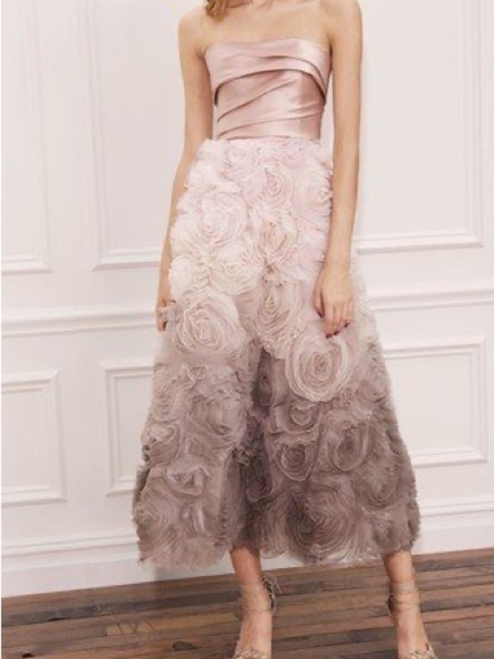 Marchesa Notte Silk and Tulle Rose Strapless Tea Length A-line Gown with Bow, 12